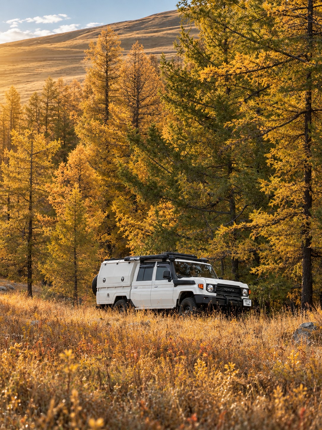 Land Cruiser 79 in a wide autumn landscape in Mongolia